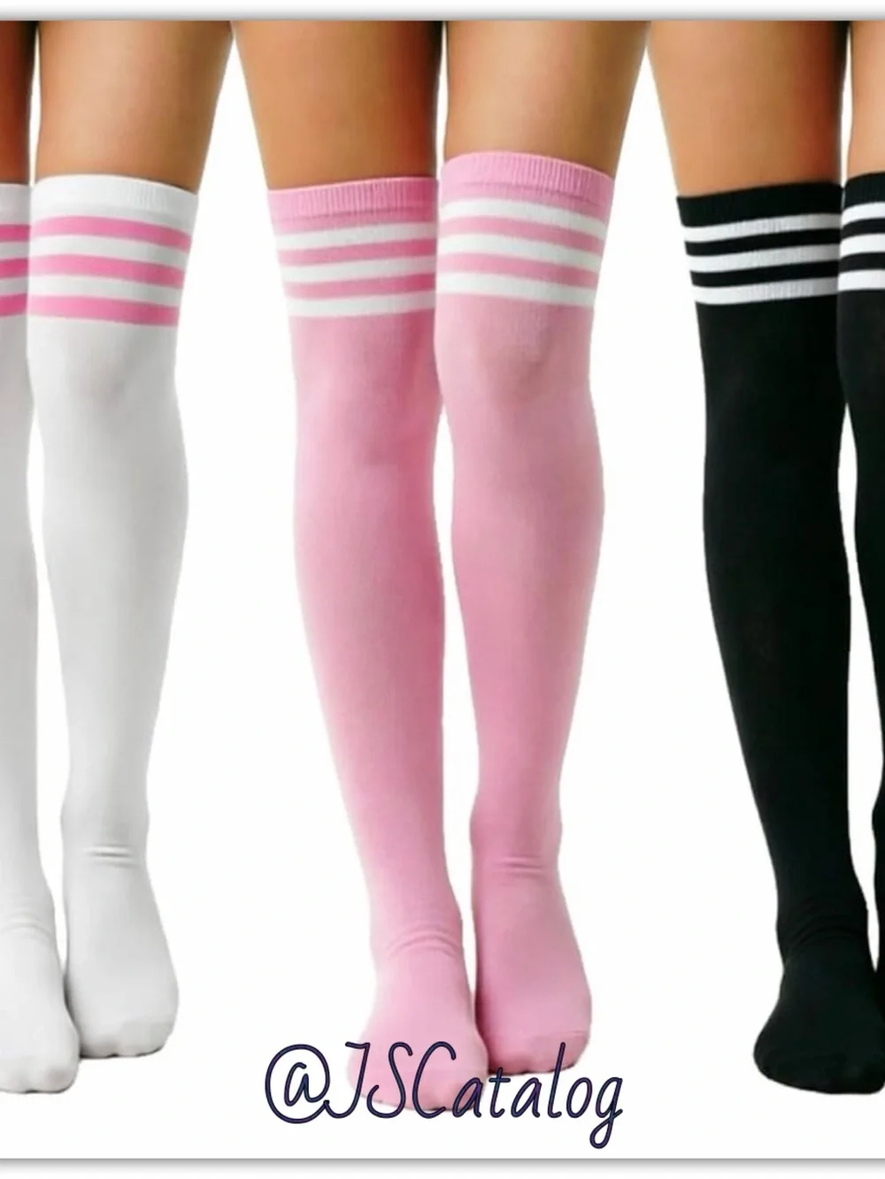 JSCatalog White Thighhigh Socks with Pink Stripes